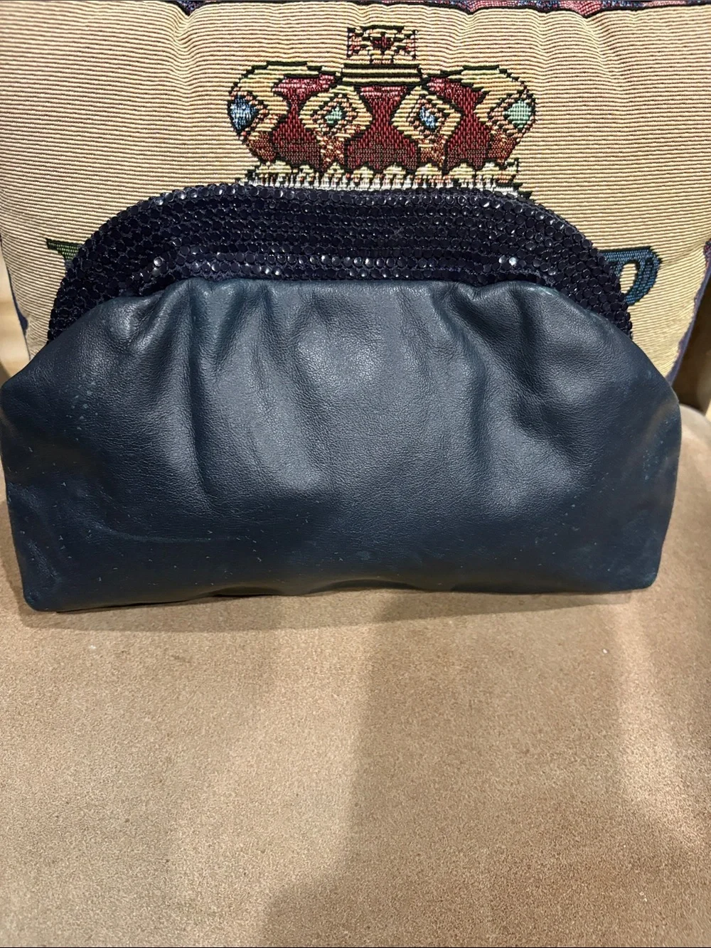 Navy Blue Sequin Accent Genuine Leather Women's Clutch